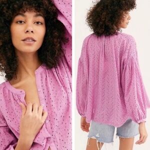Free People Maddison Eyelet Blouse Orchid XS 100% Cotton Boho Coquette Oversized